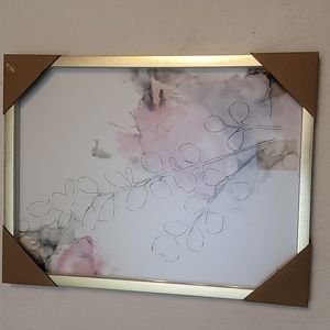 Framed Picture wall art gold frame floral print, glass has floral print outline